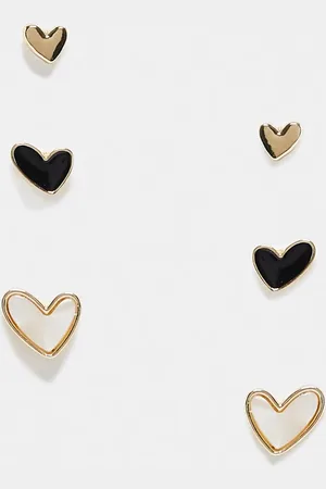 ASOS Pack de 3 pendientes de botón dorados con diseño en forma de corazón de perla sintética y esmalte negro de