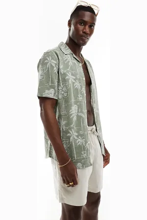 Only & Sons Camisa verde salvia con estampado hawaiano y cuello de solapas de mezcla de lino de
