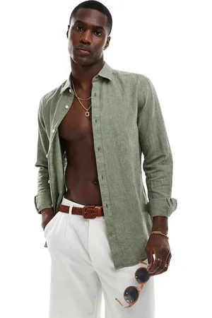 Only & Sons Camisa verde salvia de manga larga de mezcla de lino de