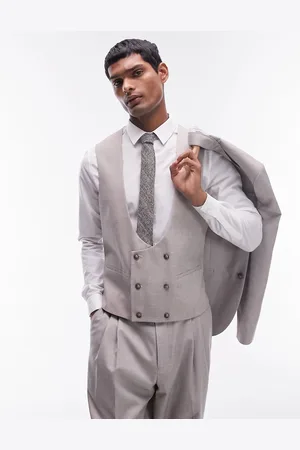 Topman Chaleco de traje color de corte slim de mezcla de lino de -Beis neutro