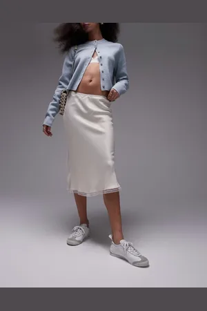 Topshop Falda midi color de corte al bies por encima de la rodilla con ribete de encaje de -Blanco