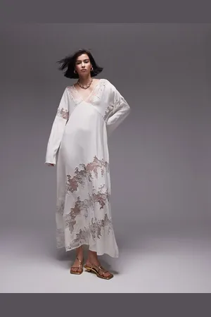 Topshop Vestido largo blanco con cuello de pico e insertos de encaje premium de