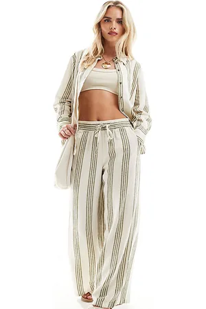 JDY Pantalones blancos a rayas verde salvia de pernera ancha de mezcla de lino de (parte de un conjunto)-Multicolor