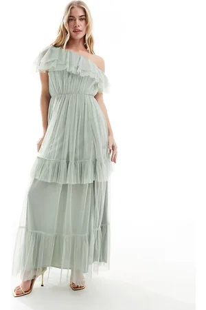 ANAYA Vestido de dama de honor largo verde con escote palabra de honor de tul premium de