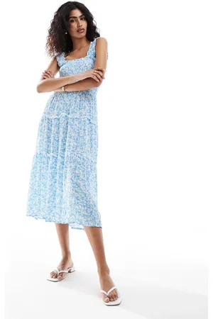 VERO MODA Vestido midi de tirantes fruncido con estampado floral de