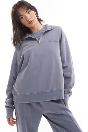 ASOS Sudadera azul añil lavado extragrande con media cremallera de