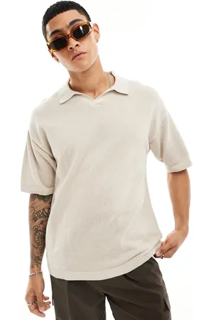 JACK & JONES Polo beis extragrande con cuello de solapas de mezcla de lino de -Beis neutro