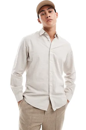 SELECTED Camisa beis de manga larga de mezcla de lino de -Beis neutro