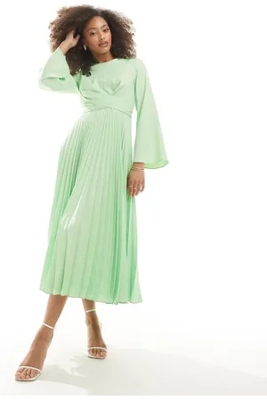 Closet Vestido midi color plisado de -Verde