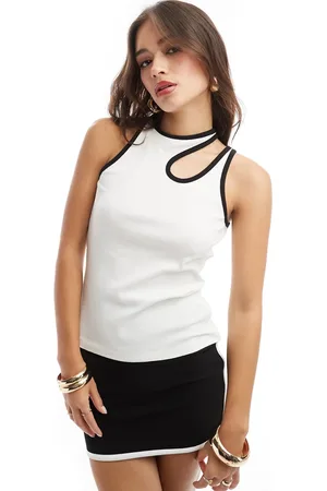 SELECTED Camiseta negra asimétrica sin mangas con ribetes blancos de Femme