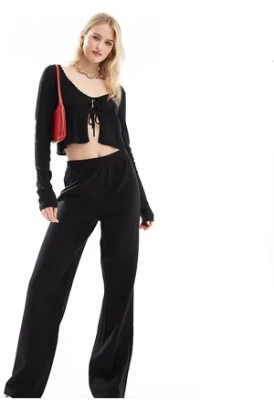 Pieces® Pantalones negros de pernera ancha de tacto efecto lino de
