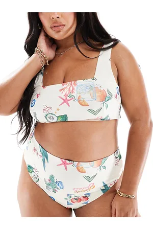 ASOS Braguitas de bikini de pernera y talle altos con estampado de postales de Curve-Multicolor