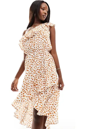 Ax Paris Vestido midi color y marrón asimétrico y escalonado con estampado de lunares y volante de -Blanco