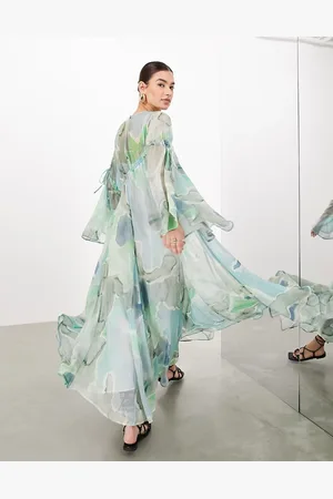 ASOS Vestido largo azul de manga larga con estampado efecto acuarela y detalle fruncido de chifón de -Multicolor