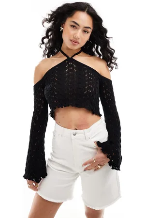 Miss Selfridge Top de manga larga con cuello halter de croché de