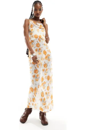 Kiss The Sky Vestido lencero largo con estampado floral y cuello desbocado estilo años 90 de tejido transparente de -Naranja