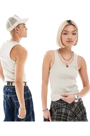 Reclaimed Camiseta color unisex sin mangas con diseño encogido de canalé de -Blanco