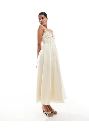 Forever New Vestido midi color amarillo pastel con pecho fruncido de -Blanco