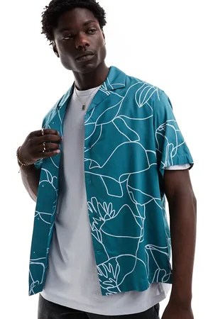 SELECTED Camisa verde extragrande con cuello de solapas y estampado lineal floral de
