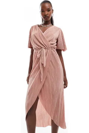 Ax Paris Vestido midi rosa cruzado y plisado de manga corta de