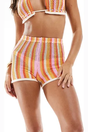 Missyempire Pantalones cortos a rayas rosas y naranjas de croché de Missy Empire (parte de un conjunto)-Multicolor