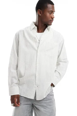 JACK & JONES Camisa blanco hueso extragrande a rayas de manga larga de mezcla de lino de