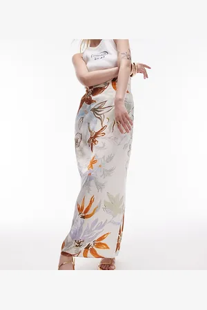 Topshop Falda larga de talle alto con estampado floral tropical de