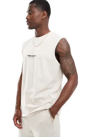 JACK & JONES Camiseta beis extragrande sin mangas con logo en el pecho de -Beis neutro
