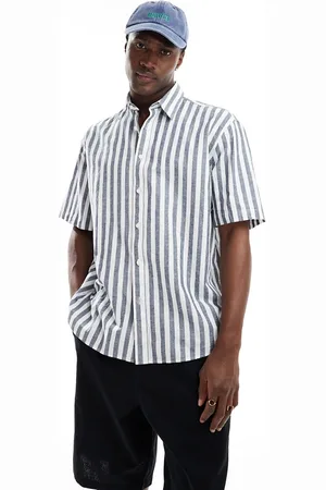 SELECTED Camisa a rayas azul marino extragrande de mezcla de lino de