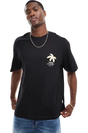 JACK & JONES Camiseta negra extragrande con estampado floral tridimensional de