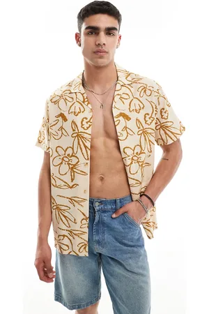 ASOS Camisa beis holgada con solapas y estampado de flores de tejido efecto lino de -Beis neutro