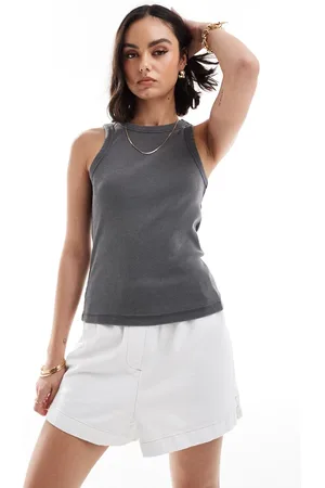 VERO MODA Top gris carbón lavado sin mangas de punto acanalado de