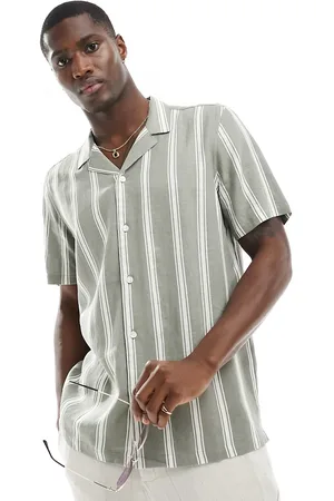 New Look Camisa verde a rayas de manga corta de mezcla de lino de