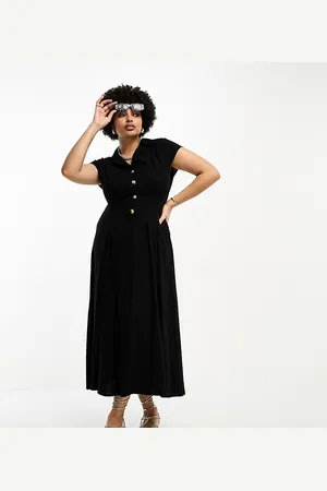ASOS Vestido camisero midi con mangas de casquillo y jaretas de lino de ASOS DESIGN Curve