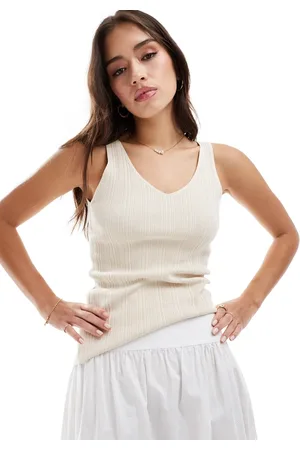 SELECTED Camiseta beis de tirantes de punto de canalé de Femme-Beis neutro