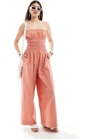 ASOS Mono largo color con cuerpo fruncido y pernera ancha de -Naranja