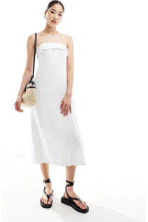 Abercrombie & Fitch Vestido midi blanco sin tirantes con bordes festoneados de mezcla de lino de