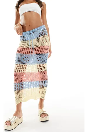 Missyempire Falda playera larga a rayas colores pastel de croché de Missy Empire-Azul