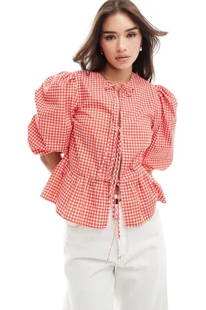 ASOS Blusa a cuadros vichy rojos con sobrefalda y lazada delantera de popelina de algodón de -Multicolor