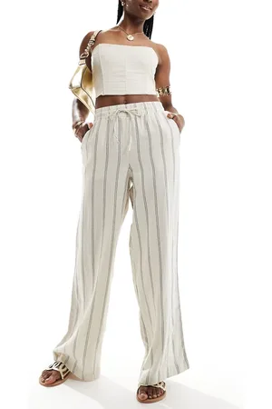 New Look Pantalones color a rayas de pernera ancha de mezcla de lino de -Blanco