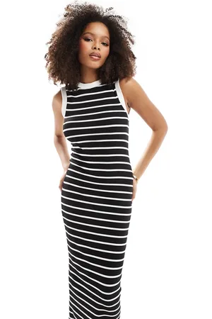 ASOS Vestido midi negro a rayas blancas estilo camiseta sin mangas con diseño reforzado años 90 de canalé de -Multicolor