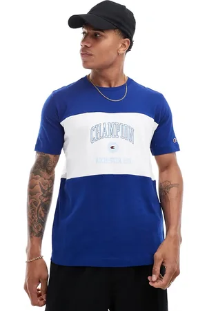 Champion Camiseta azul y blanca con diseño universitario color block Rochester de