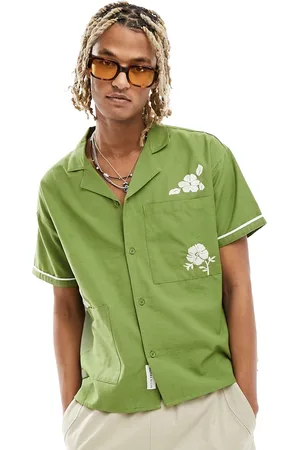 Native Youth Camisa de manga corta con cuello de solapas y bordados de lino de -Verde