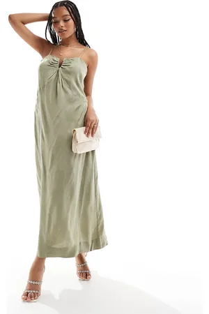 Object Vestido verde de tirantes con ballenas en el pecho y diseño de jacquard de