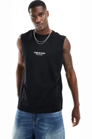JACK & JONES Camiseta negra extragrande sin mangas con logo en el pecho de