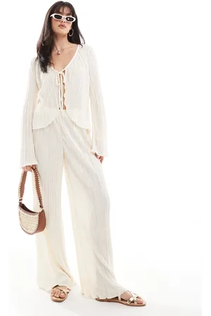 Pieces® Pantalones color crema plisados de pernera ancha Mix & Match de (parte de un conjunto)-Blanco
