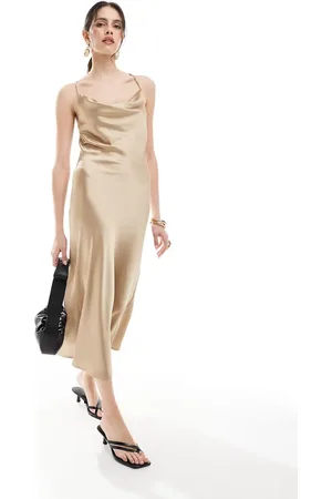 Object Vestido lencero midi beis con cuello desbocado de -Beis neutro