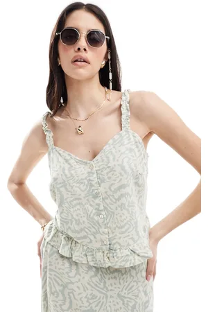 VERO MODA Top abotonado con estampado abstracto de mezcla de lino de (parte de un conjunto)-Verde