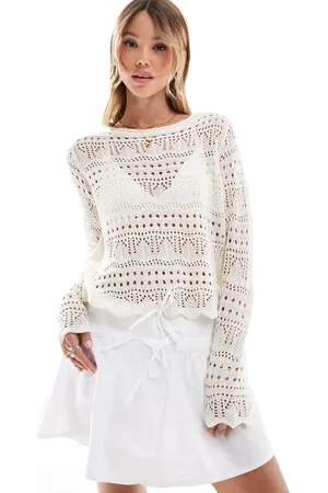 JDY Top color crema bordado de manga larga con cuello barco de -Blanco