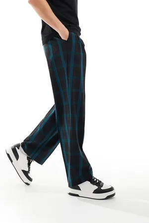 ASOS Pantalones de vestir a cuadros verde oscuro de pernera ancha y talle alto de